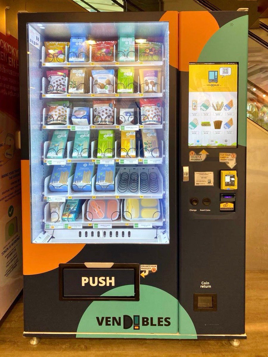 A Vendibles touchscreen vending machine installed in a building lobby